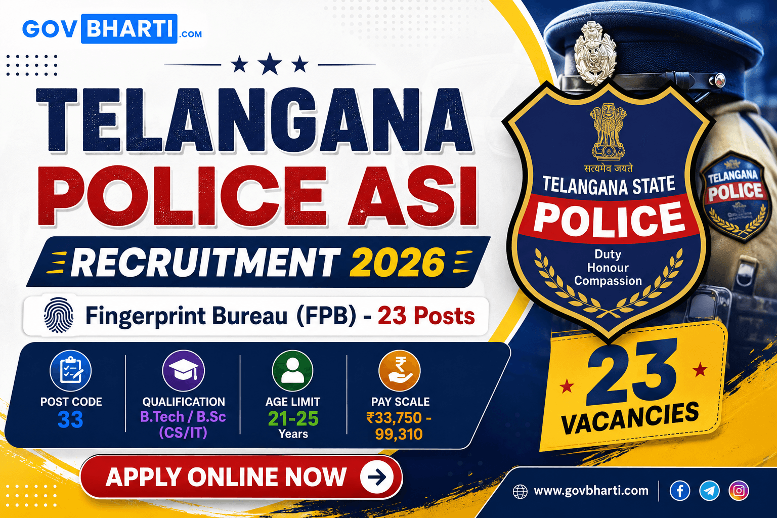 Telangana Police ASI Recruitment 2026: 23 Vacancies, Notification, Eligibility & Full Details
