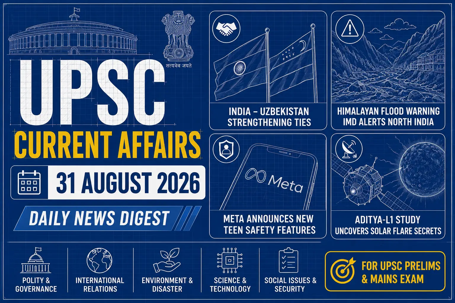 Latest UPSC Current Affairs Today 31 August 2026 | India-Uzbekistan, CERD, Meta, Aditya-L1 ye title thik rahega