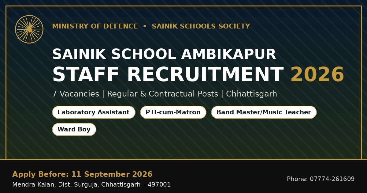Sainik School Ambikapur Recruitment 2026: Apply for Lab Assistant, PTI, Band Master & Ward Boy Posts