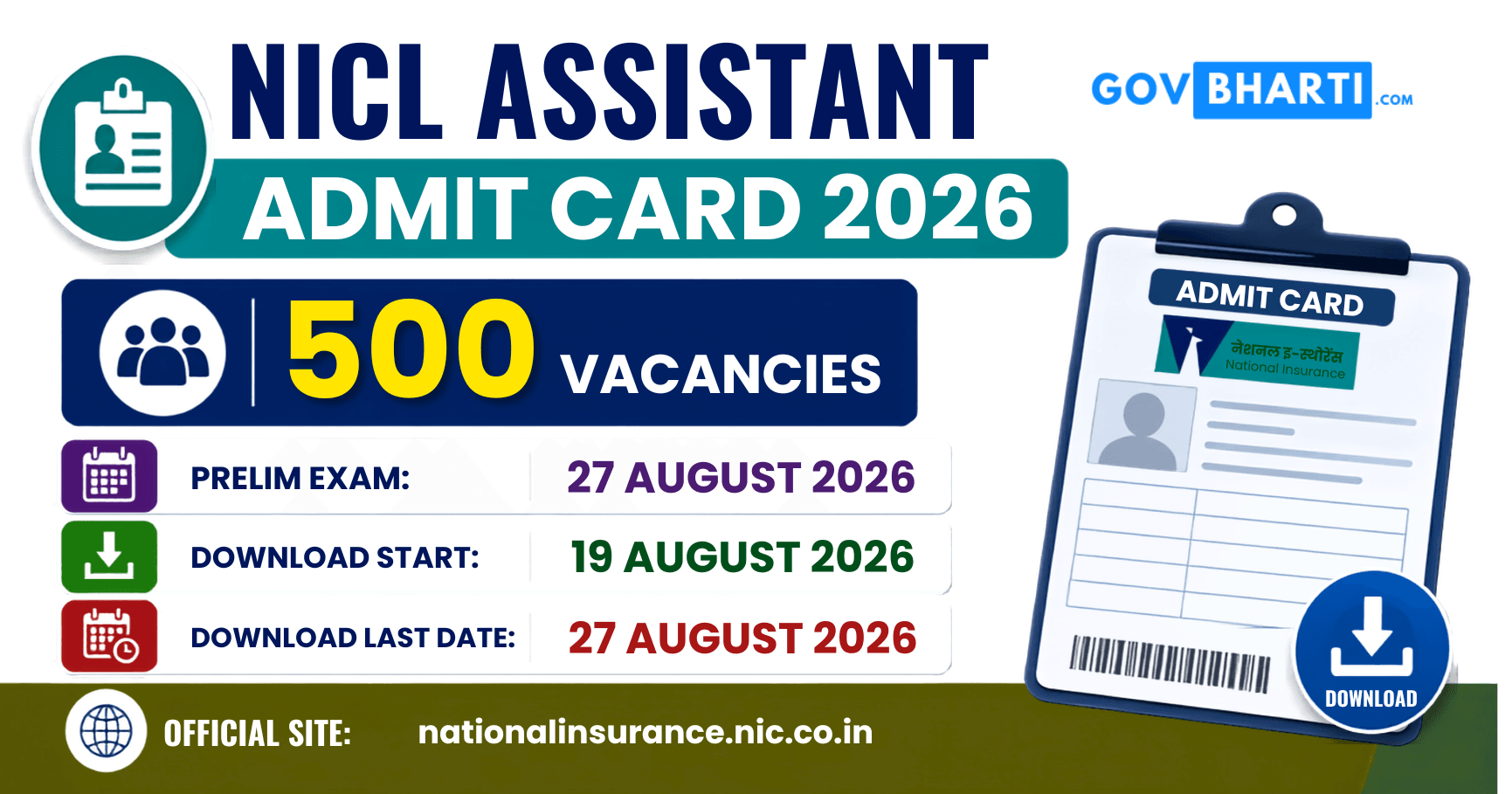 NICL Assistant Admit Card 2026: Download Link, Exam Date, Exam Pattern & Full Details