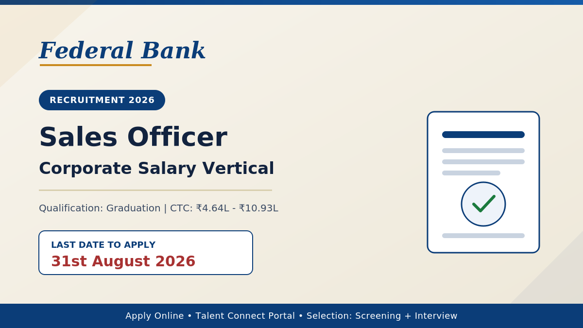 Federal Bank Sales Officer Recruitment 2026: Apply Online for Corporate Salary Vertical