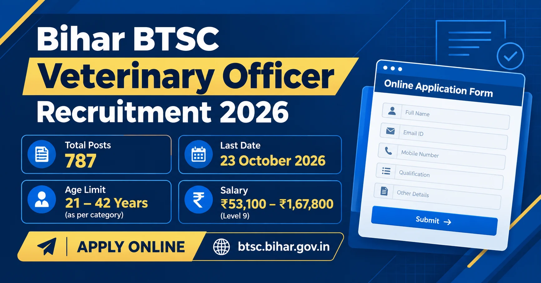 Bihar BTSC Veterinary Officer Recruitment 2026: Apply Online for 787 Posts