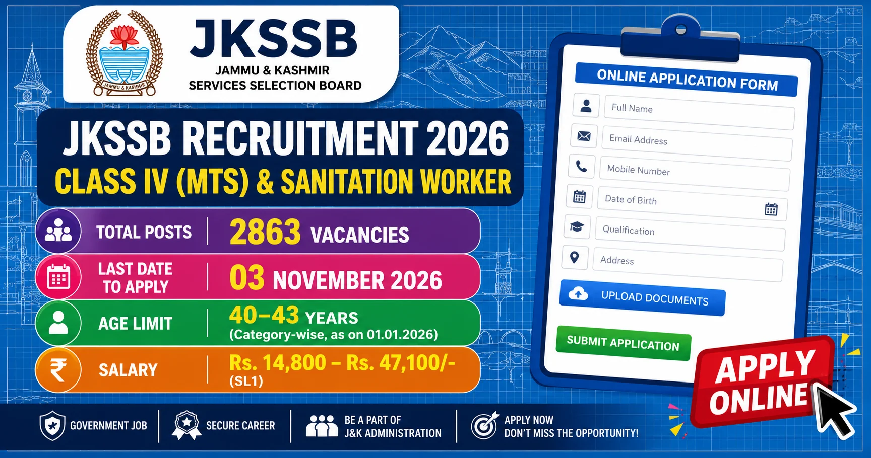 JKSSB Recruitment 2026: 2863 MTS & Sanitation Worker Posts – Apply Online