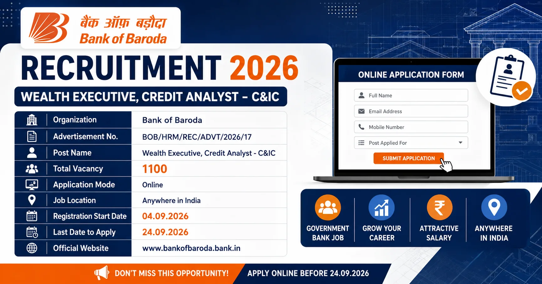 Bank of Baroda SO Recruitment 2026: 1100 Wealth Executive & Credit Analyst Posts – Apply Online, Eligibility, Last Date